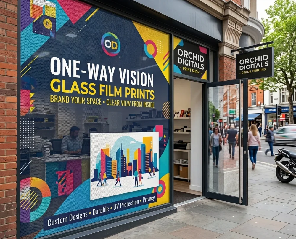 Výloha provozovny polepená perforovanou One Way Vision fólií s reklamní grafikou